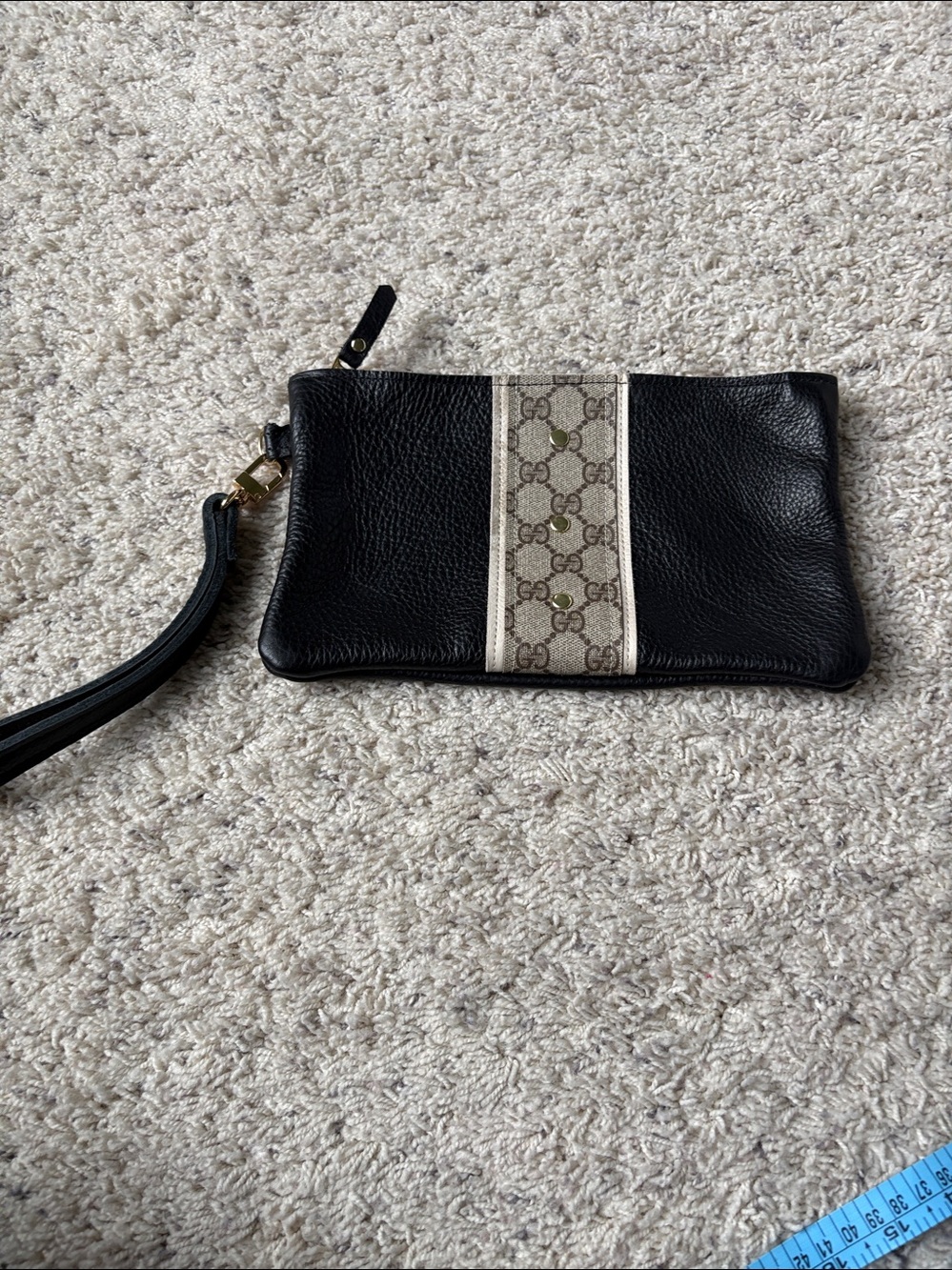 Upcycled Black Leather Clutch  with Tan Monogram Center